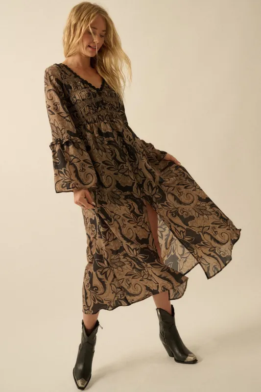 Blooming Opulence Floral Bell-Sleeve Midi Dress sold by Promesa