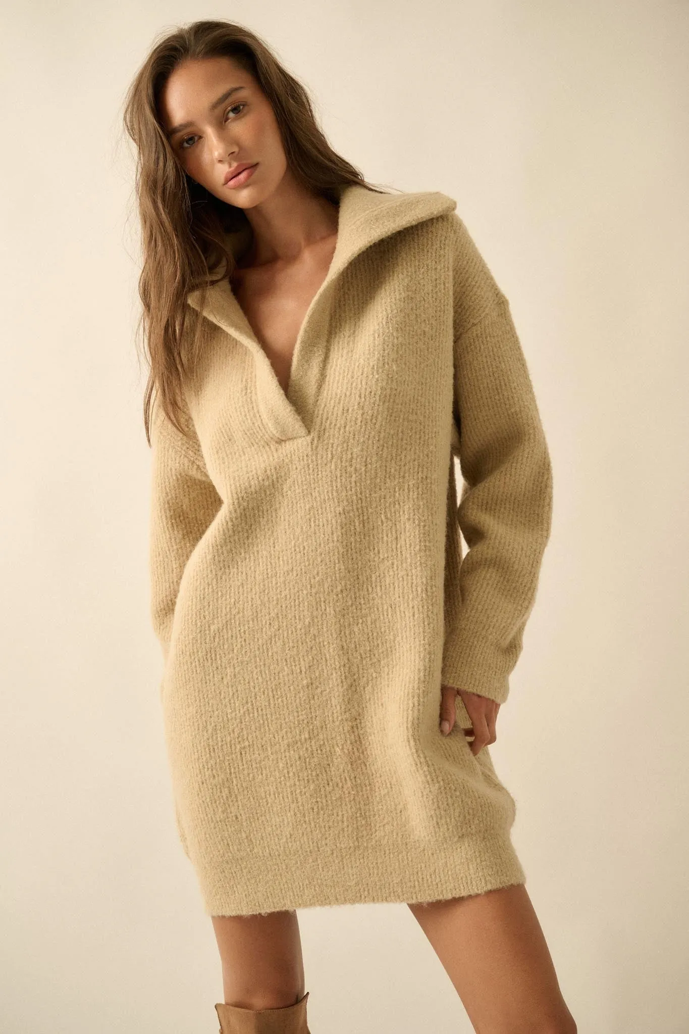 Warm Welcome Collared Split-Neck Mini Sweater Dress sold by Promesa product image thumbnail 4