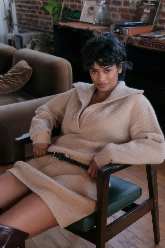 Warm Welcome Collared Split-Neck Mini Sweater Dress made by Promesa