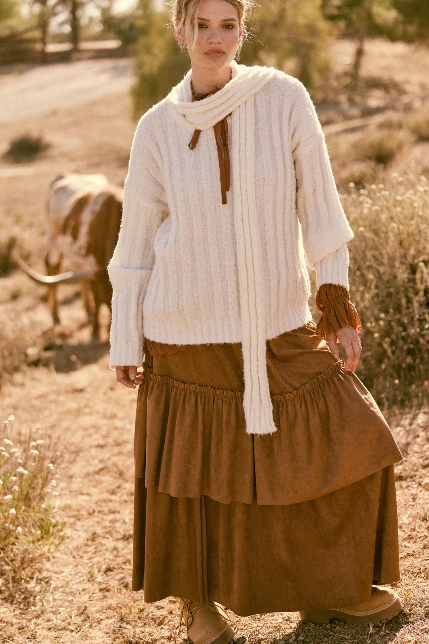 Tender Touch Vegan Suede Tiered Ruffle Maxi Skirt sold by Promesa