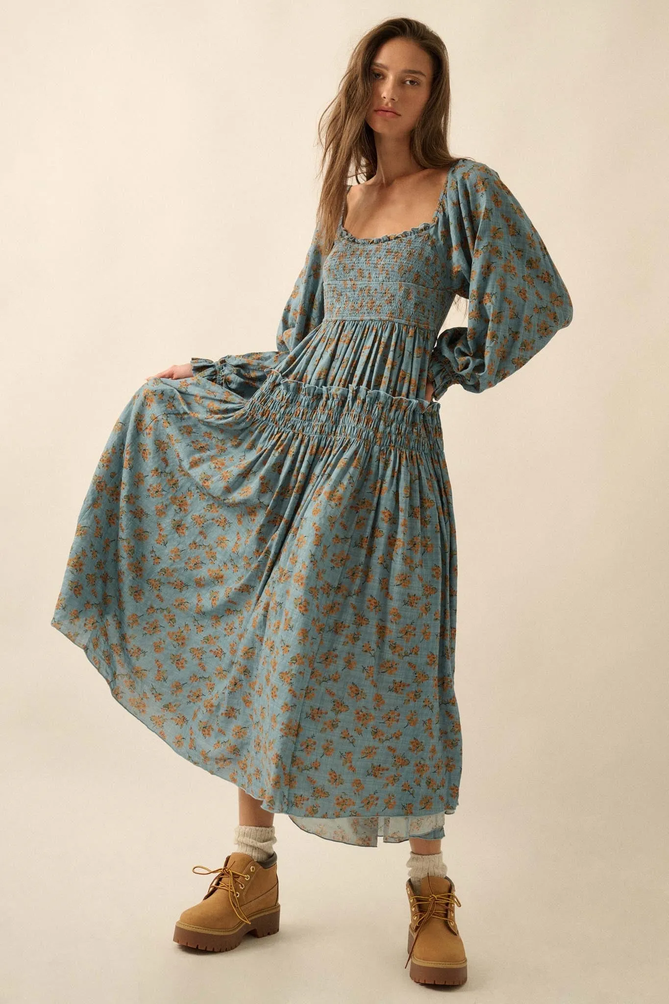 Field Day Floral Plaid Smocked Midi Peasant Dress sold by Promesa