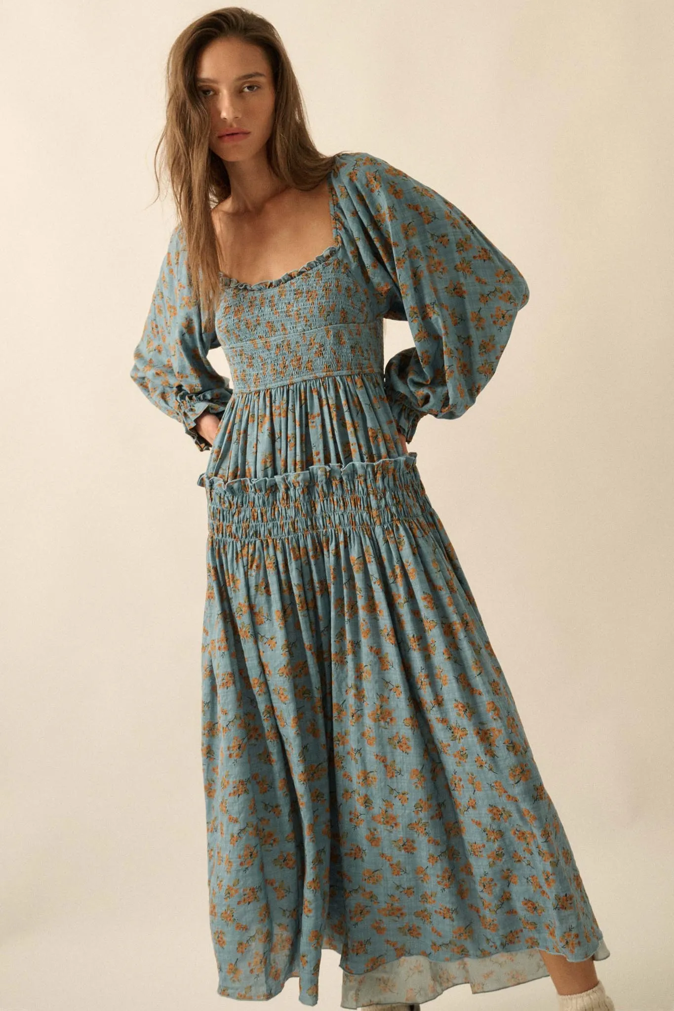 Field Day Floral Plaid Smocked Midi Peasant Dress sold by Promesa product image thumbnail 3