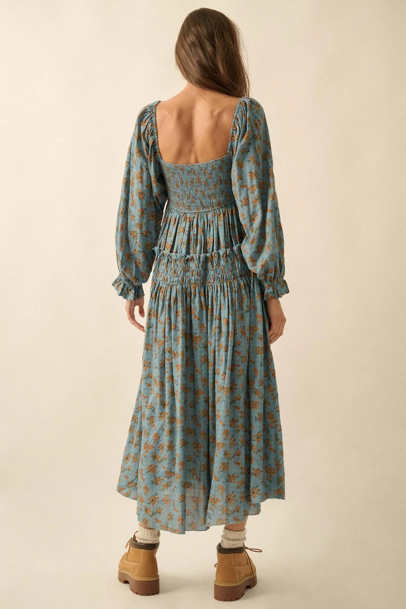 Field Day Floral Plaid Smocked Midi Peasant Dress sold by Promesa product image thumbnail 2