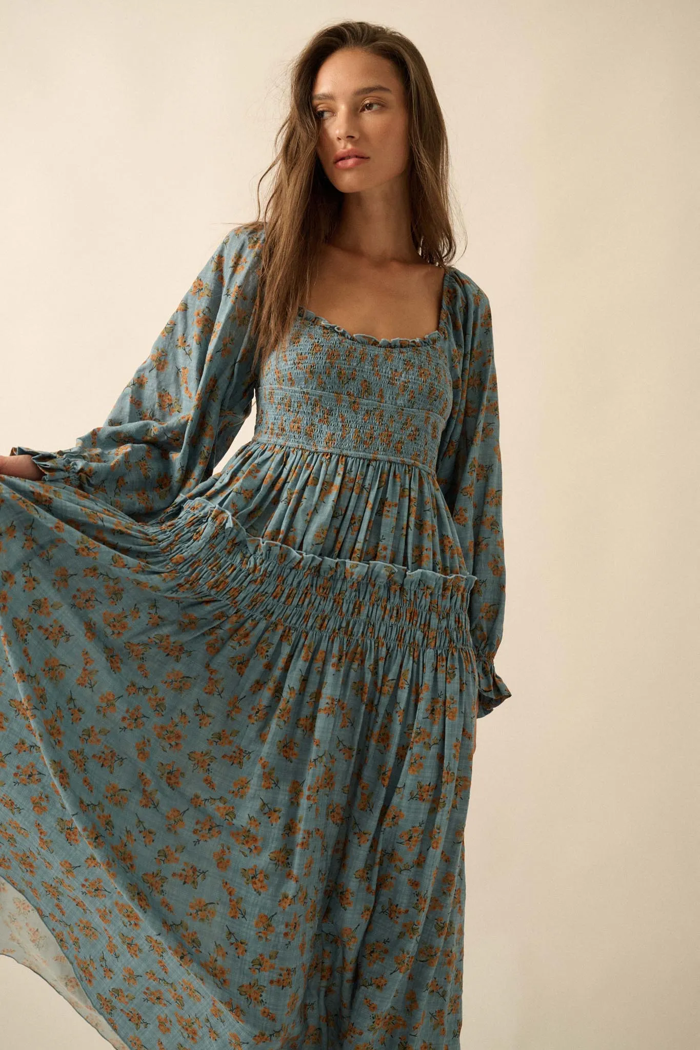 Field Day Floral Plaid Smocked Midi Peasant Dress sold by Promesa product image thumbnail 5