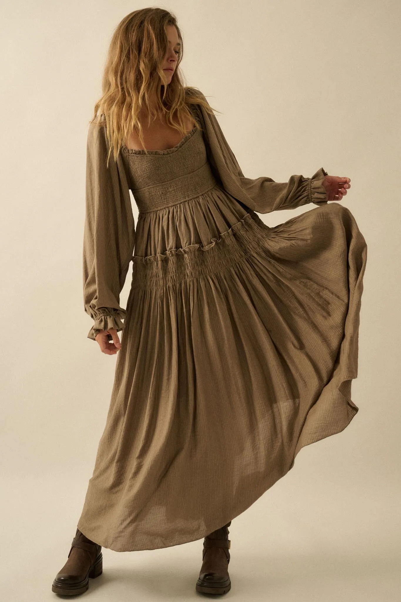 Love Story Smocked Tonal-Stripe Midi Peasant Dress sold by Promesa product image thumbnail 4