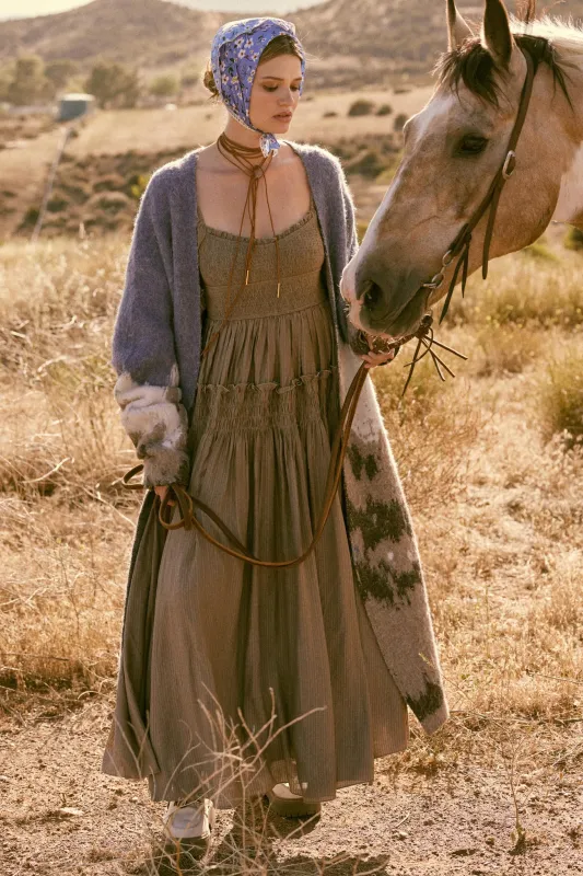 Love Story Smocked Tonal-Stripe Midi Peasant Dress sold by Promesa