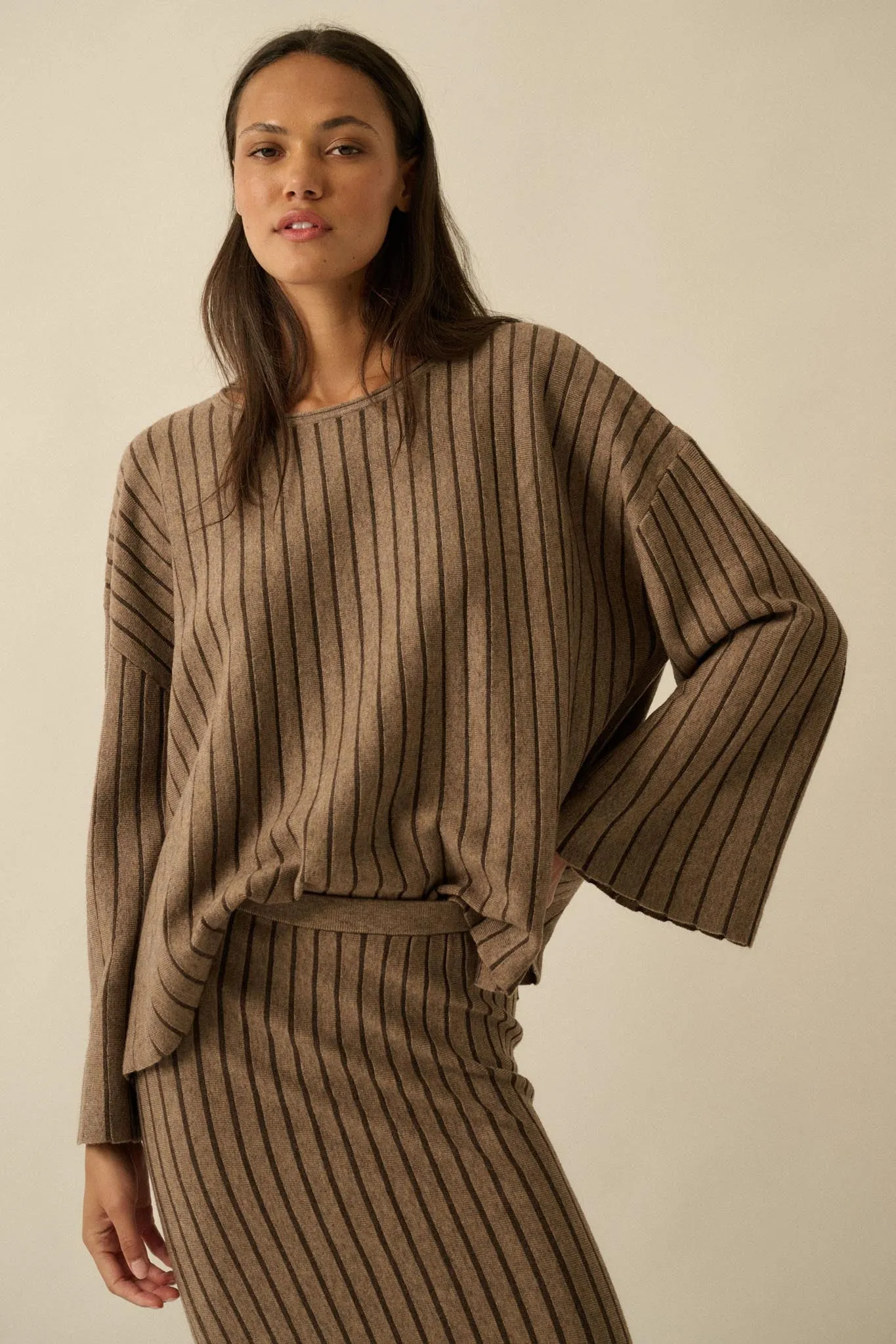 On the Line Striped Wide-Sleeve Loose-Fit Sweater sold by Promesa
