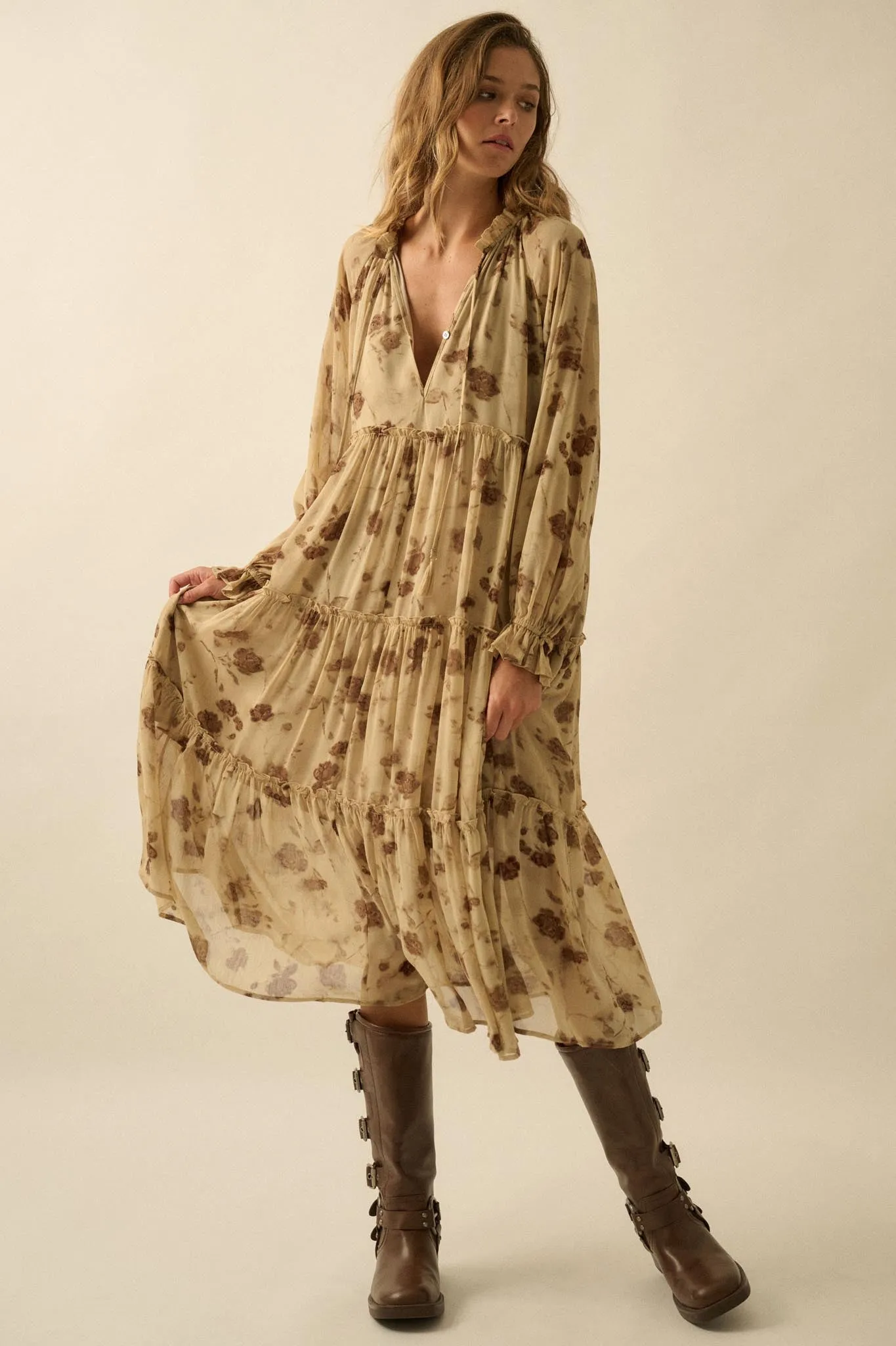 Faded Flowers Tiered Floral Midi Prairie Dress sold by Promesa product image thumbnail 4