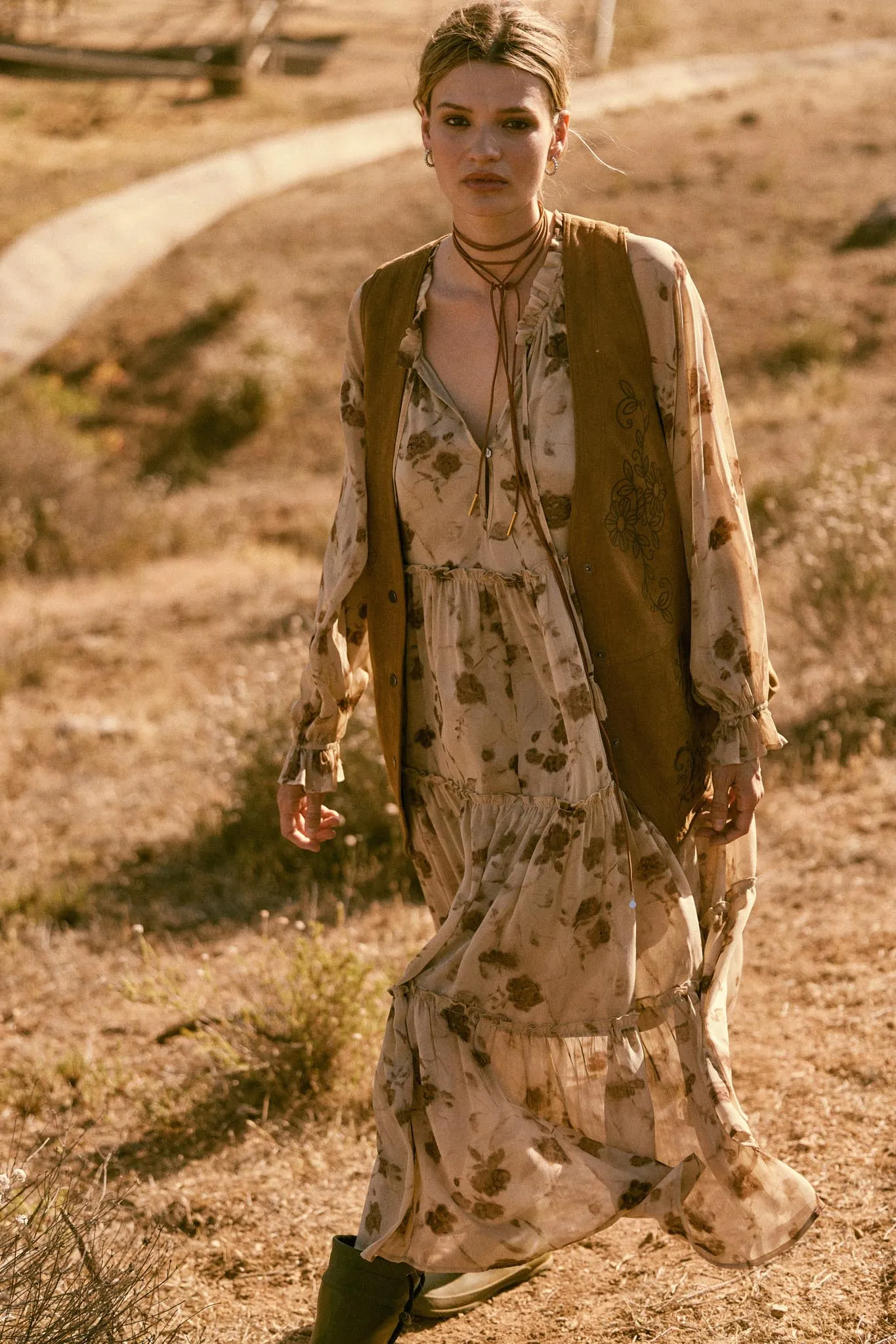 Faded Flowers Tiered Floral Midi Prairie Dress sold by Promesa