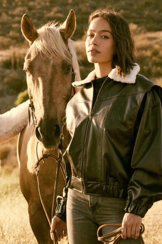 Taking Flight Fleece-Collar Faux Leather Jacket sold by Promesa