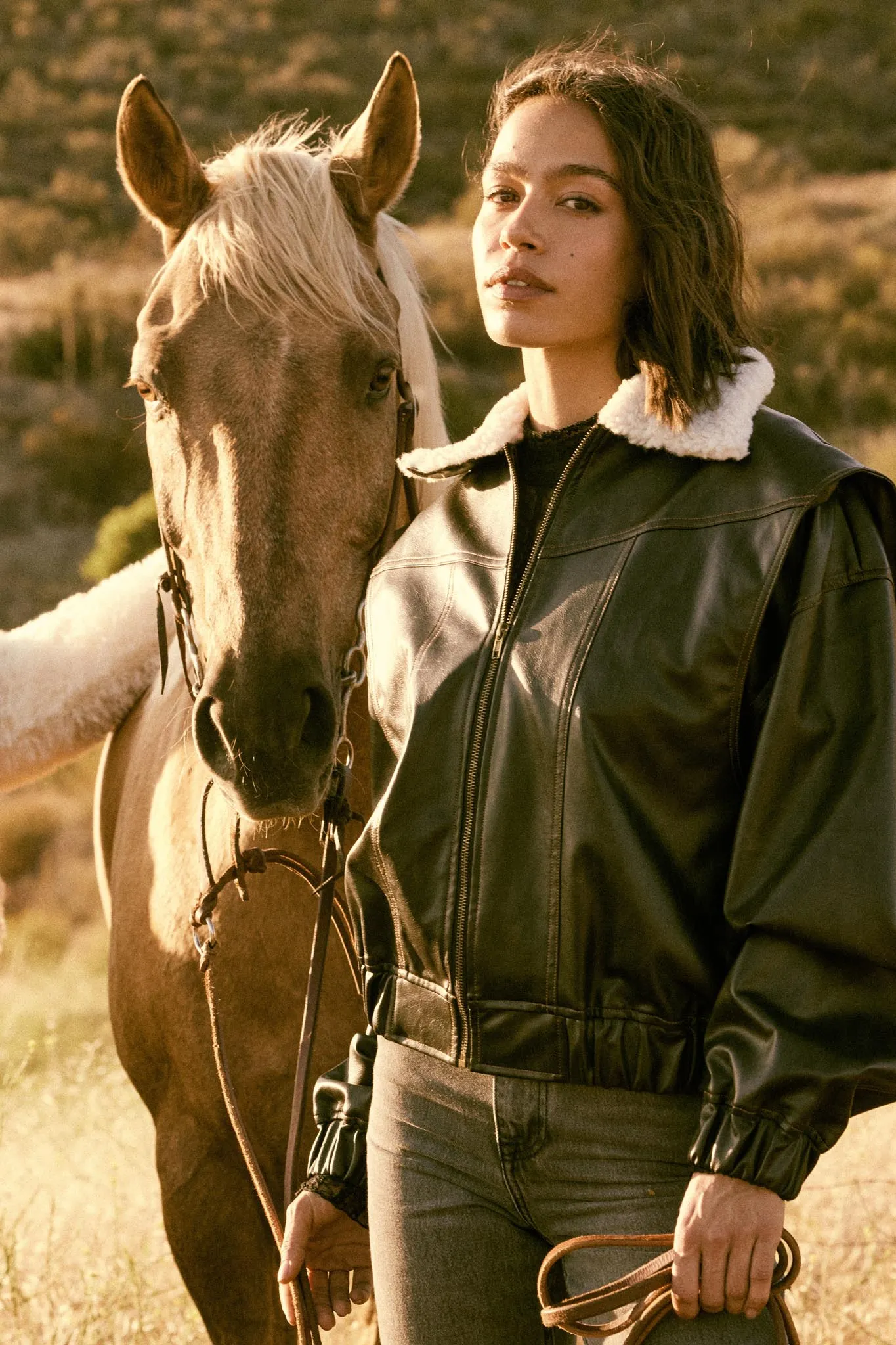 Taking Flight Fleece-Collar Faux Leather Jacket sold by Promesa