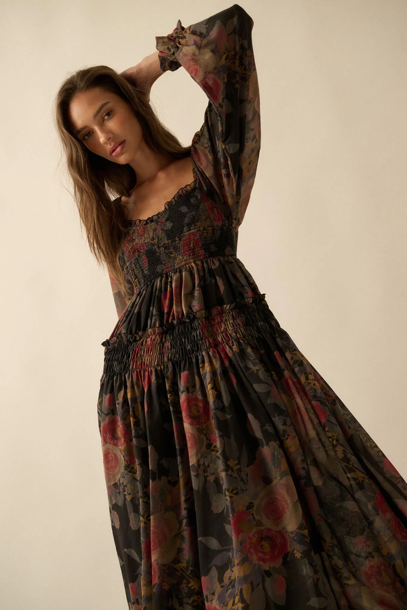 Wandering Rose Smocked Floral Chiffon Midi Dress sold by Promesa product image thumbnail 5