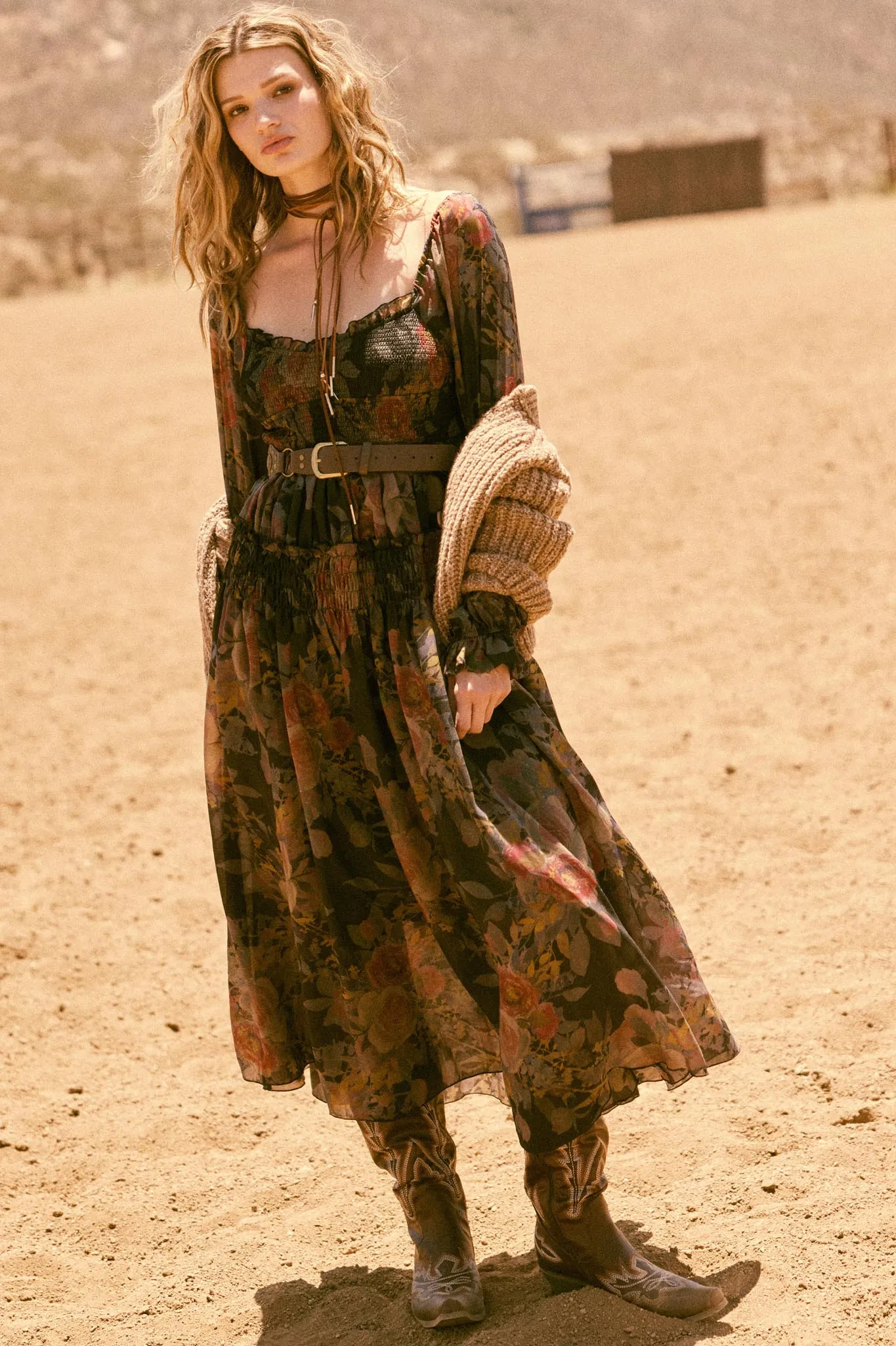 Wandering Rose Smocked Floral Chiffon Midi Dress sold by Promesa product image thumbnail 3