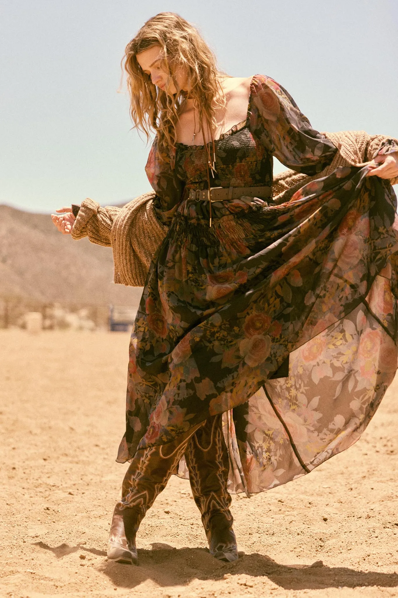 Wandering Rose Smocked Floral Chiffon Midi Dress sold by Promesa product image thumbnail 2