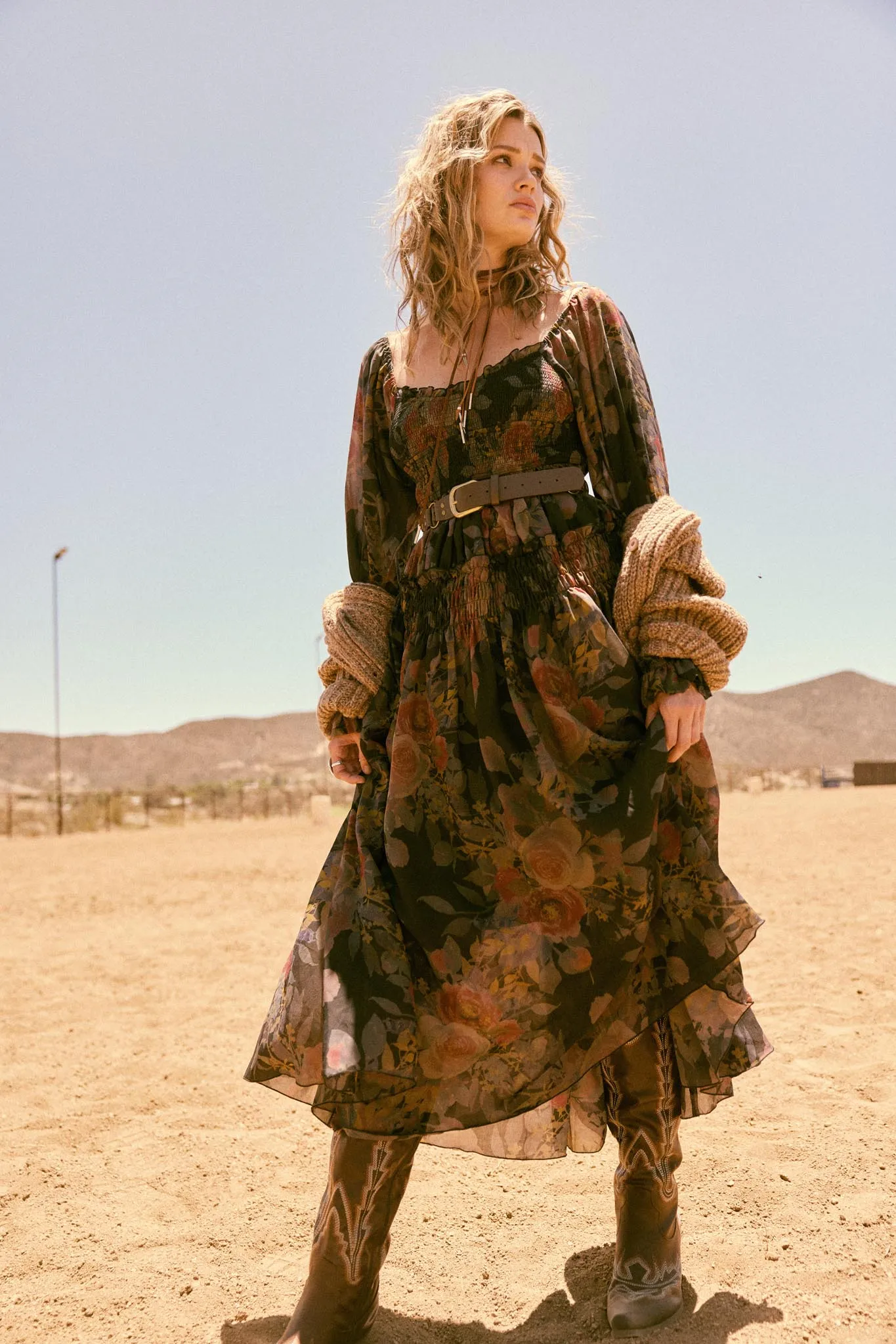 Wandering Rose Smocked Floral Chiffon Midi Dress sold by Promesa