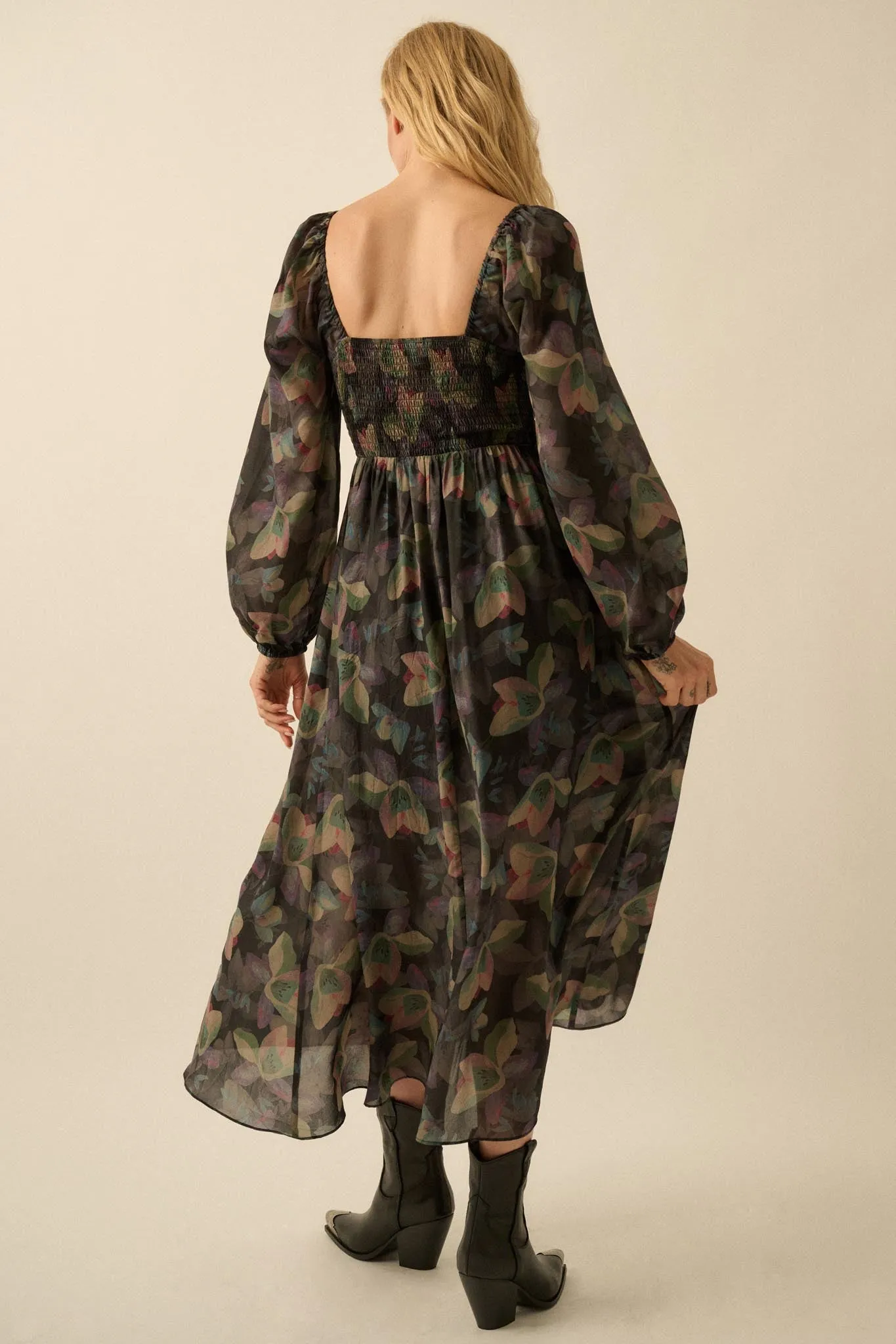 Moody Blooms Smocked Floral Midi Peasant Dress sold by Promesa product image thumbnail 2