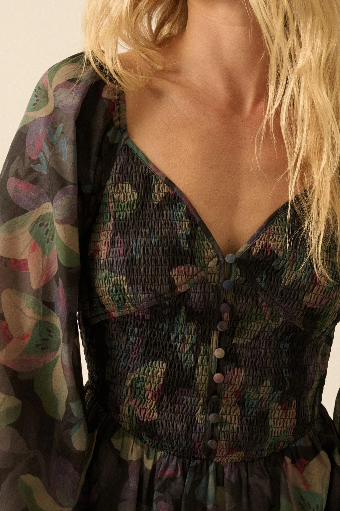 Moody Blooms Smocked Floral Midi Peasant Dress sold by Promesa product image thumbnail 4