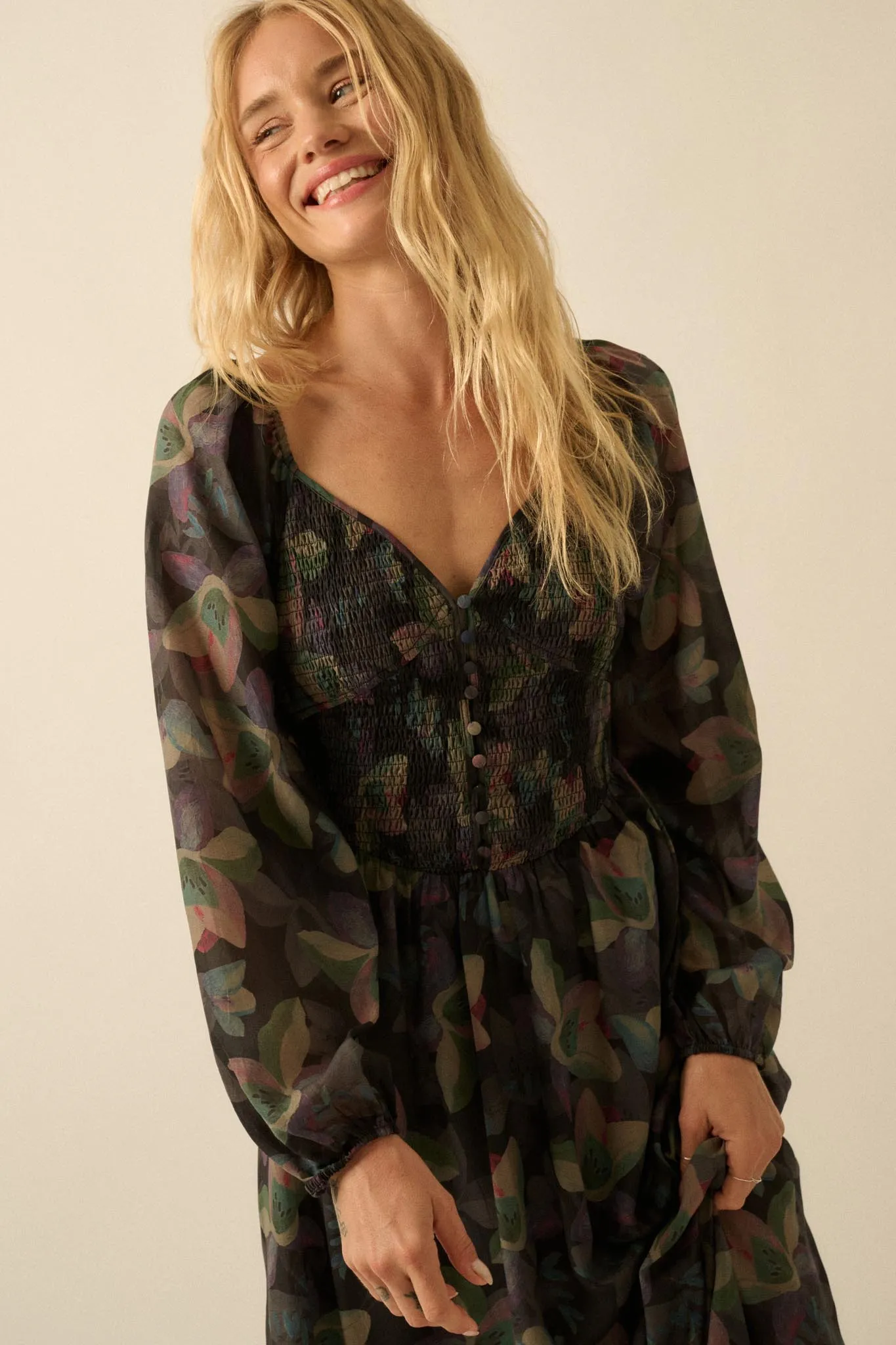 Moody Blooms Smocked Floral Midi Peasant Dress sold by Promesa product image thumbnail 5