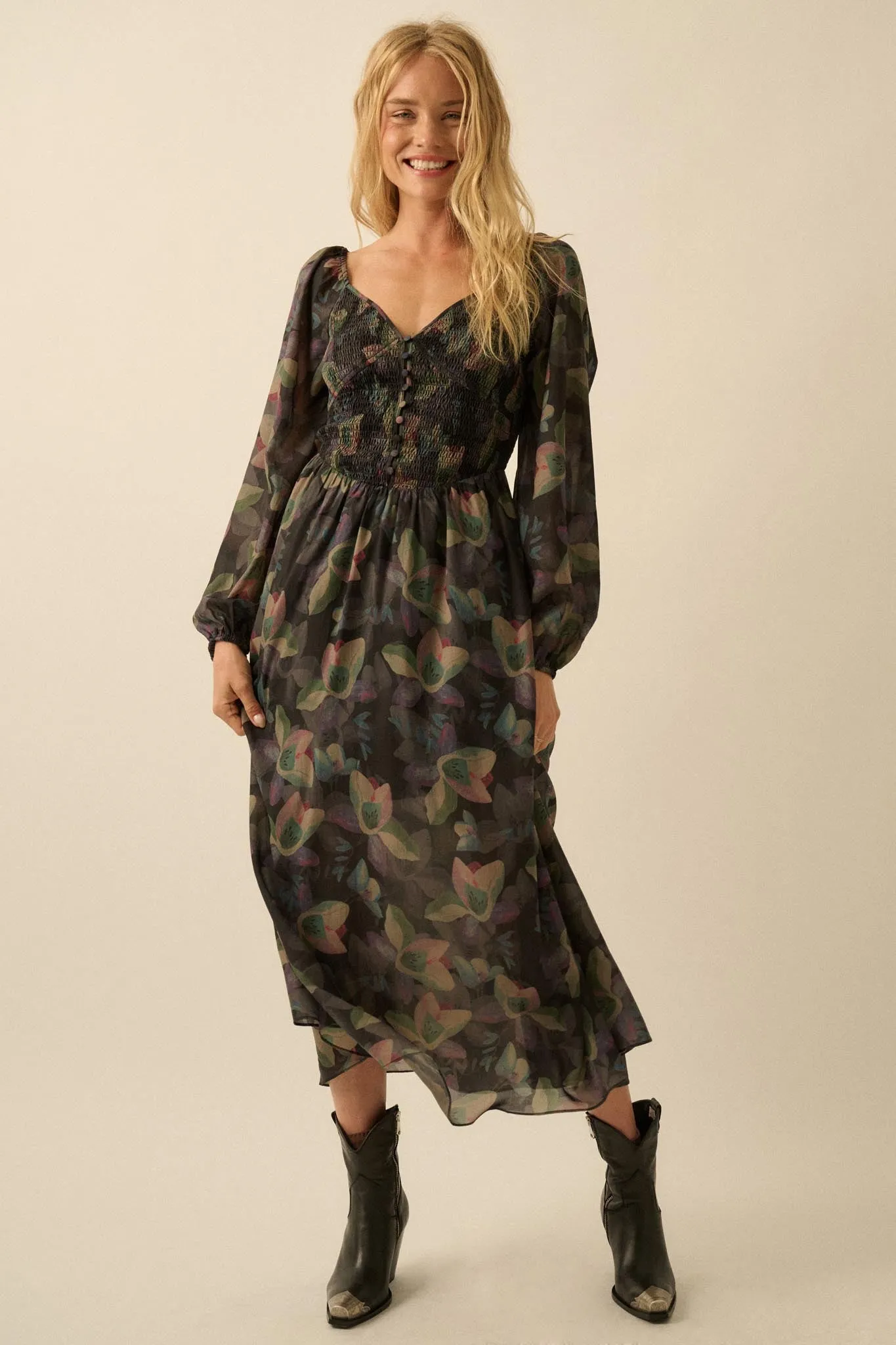 Moody Blooms Smocked Floral Midi Peasant Dress sold by Promesa product image thumbnail 3