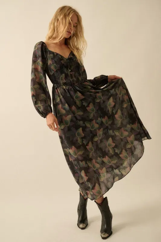 Moody Blooms Smocked Floral Midi Peasant Dress sold by Promesa