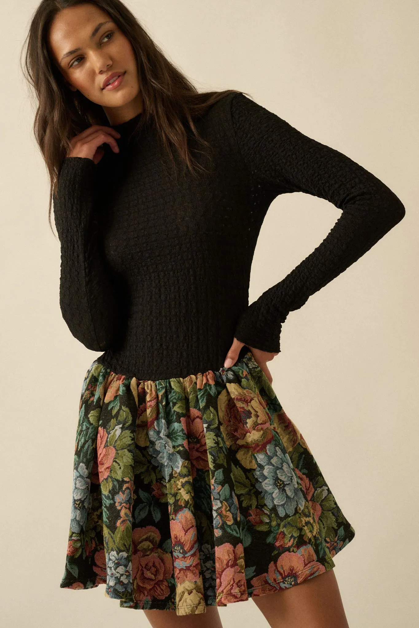 Blooming Brocade Knit and Floral Tapestry Mini Dress sold by Promesa product image thumbnail 4