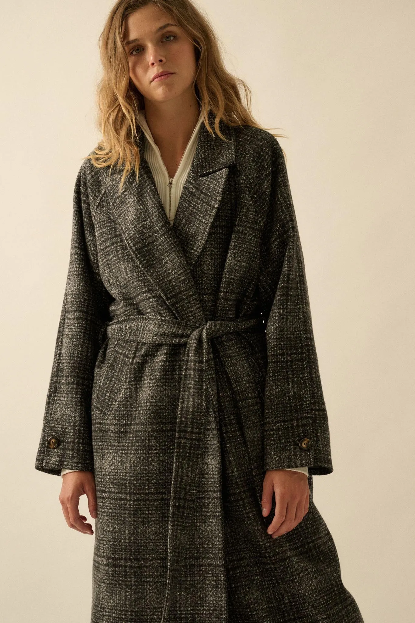 Check Point Plaid Tweed Belted Trench Coat sold by Promesa product image thumbnail 5
