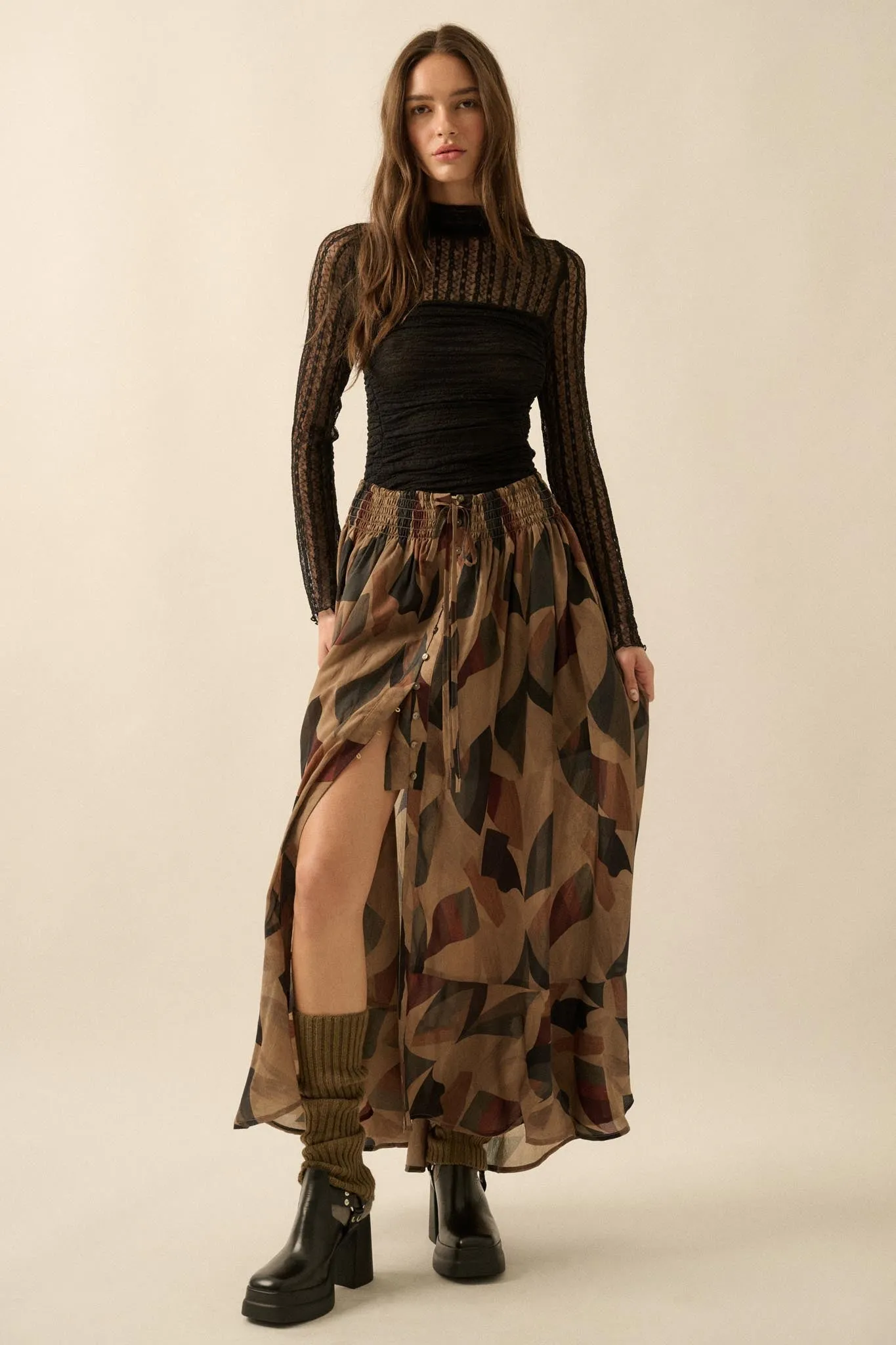 Modern Classic Abstract-Print Buttoned Maxi Skirt sold by Promesa product image thumbnail 3