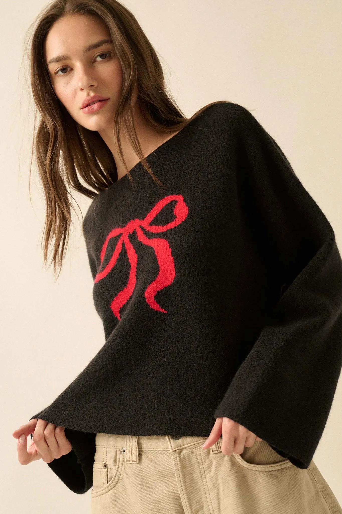 Let It Bow Exposed-Seam Bow Jacquard Knit Sweater sold by Promesa product image thumbnail 4