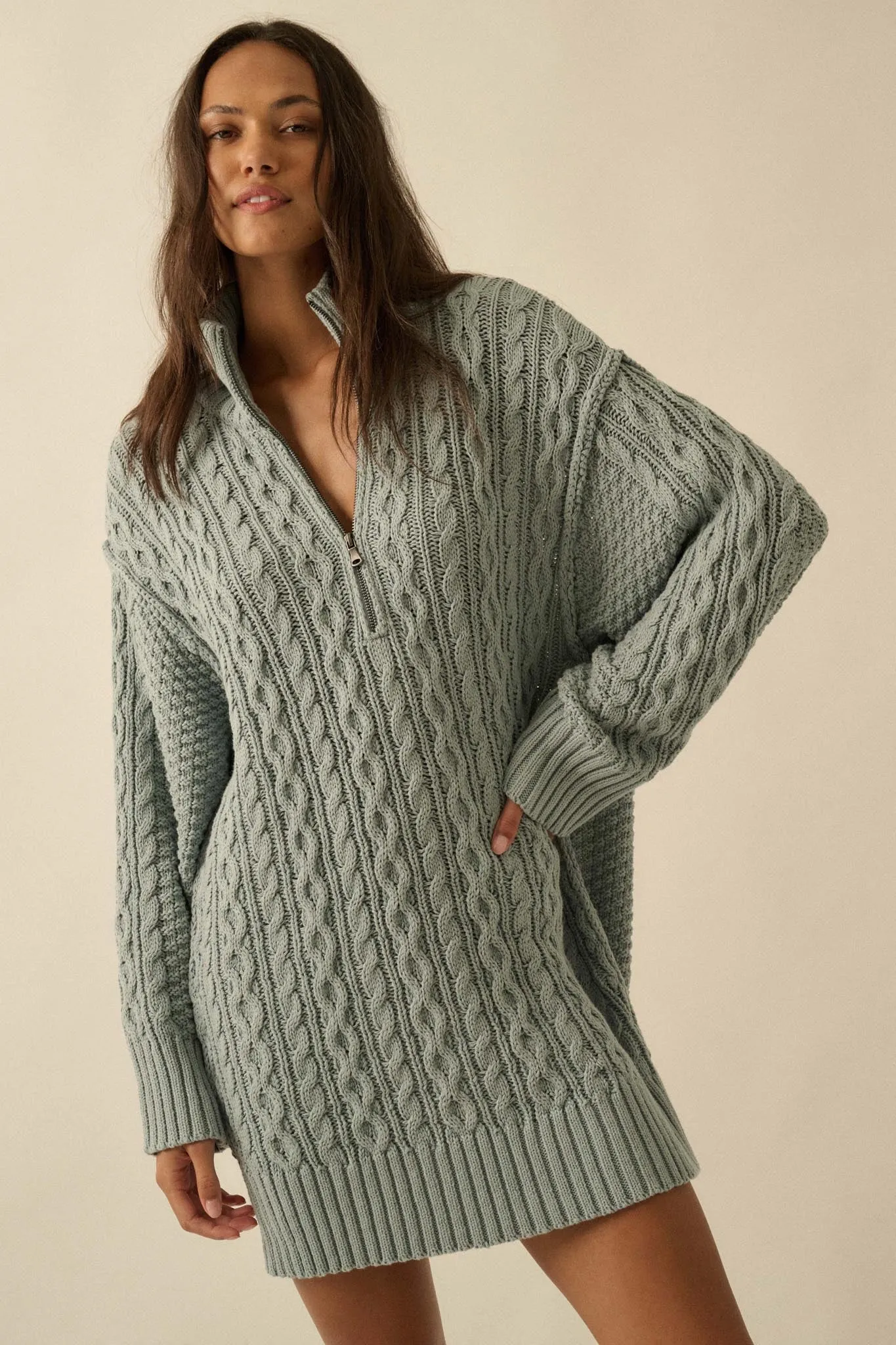 Plot Twist Half-Zip Cable Knit Sweater Dress sold by Promesa product image thumbnail 2
