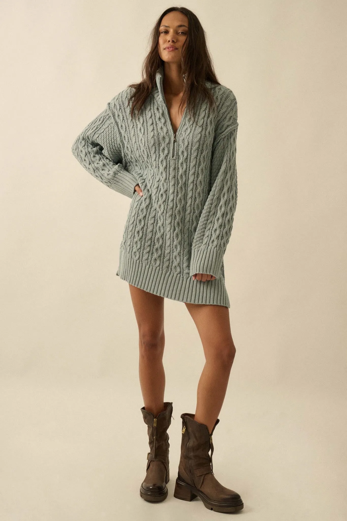 Plot Twist Half-Zip Cable Knit Sweater Dress sold by Promesa product image thumbnail 4