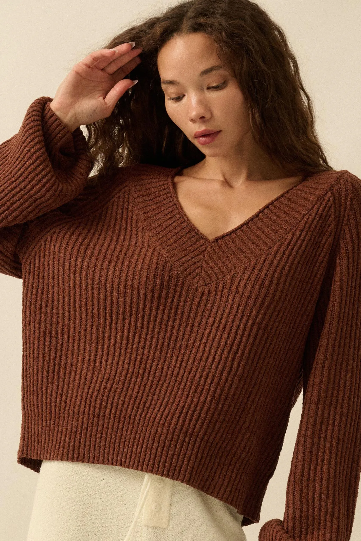 Promise the Label Rib-Knit Wide V-Neck Sweater sold by Promesa product image thumbnail 4