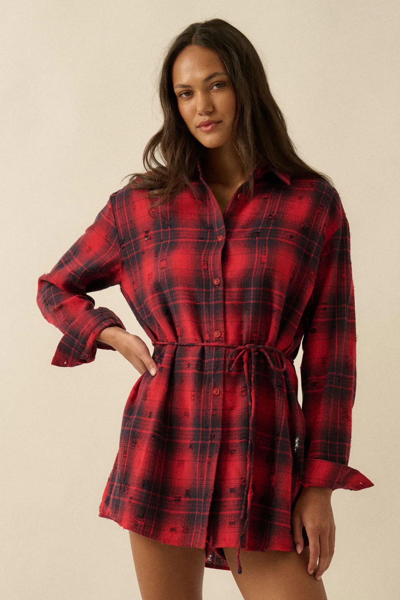 By the Fire Distressed Plaid Flannel Shirt Romper sold by Promesa product image thumbnail 2