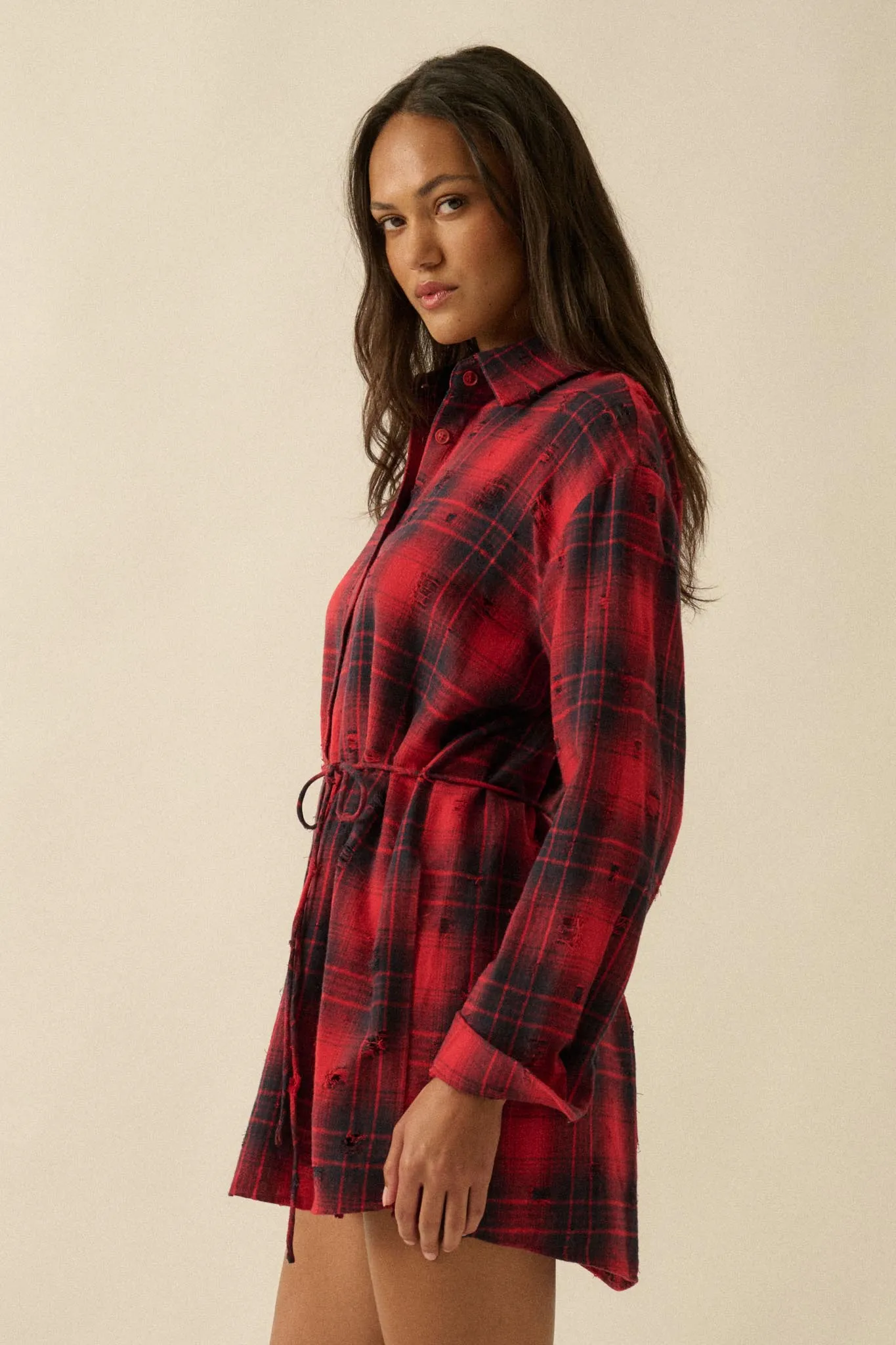 By the Fire Distressed Plaid Flannel Shirt Romper sold by Promesa product image thumbnail 5