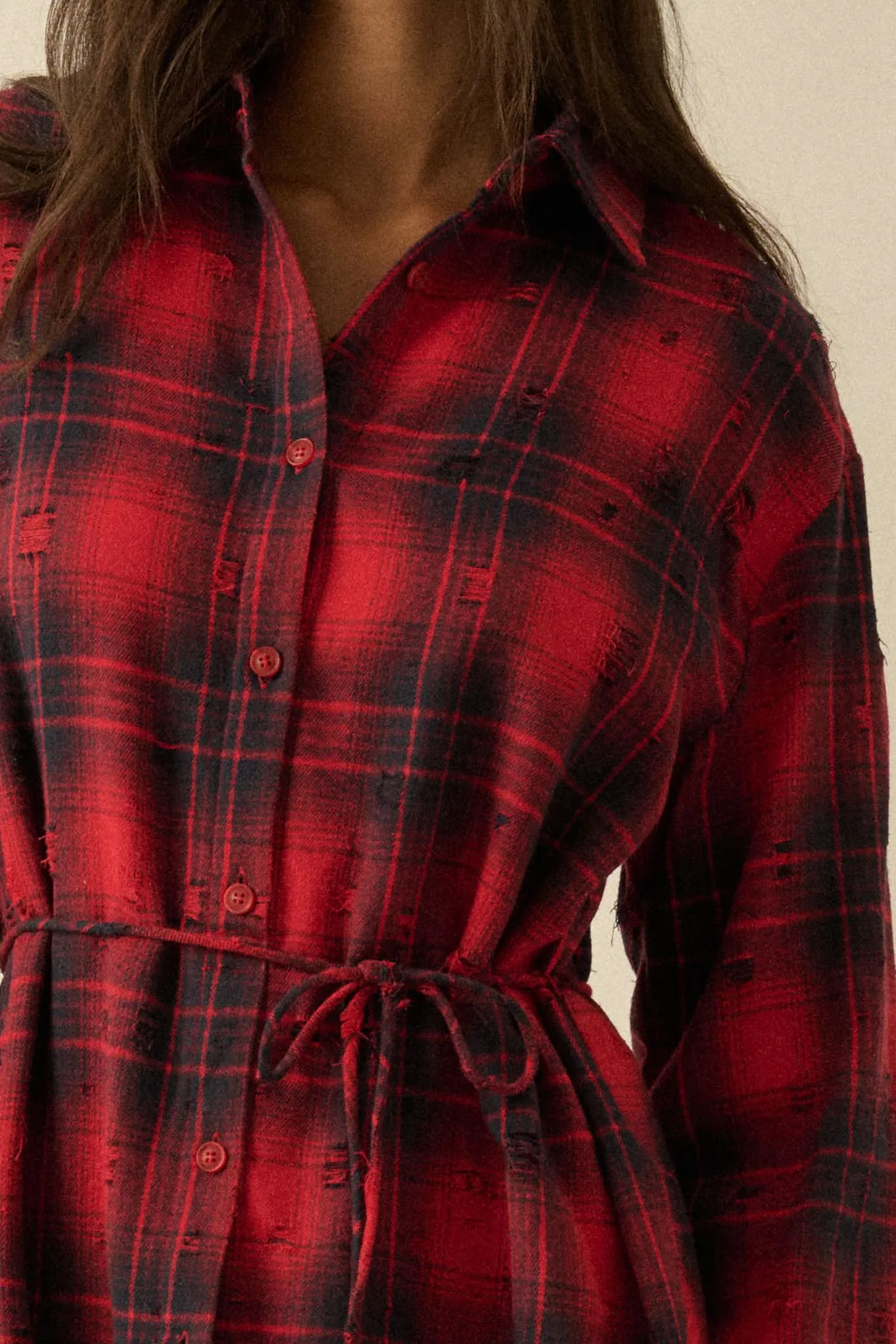 By the Fire Distressed Plaid Flannel Shirt Romper sold by Promesa product image thumbnail 3