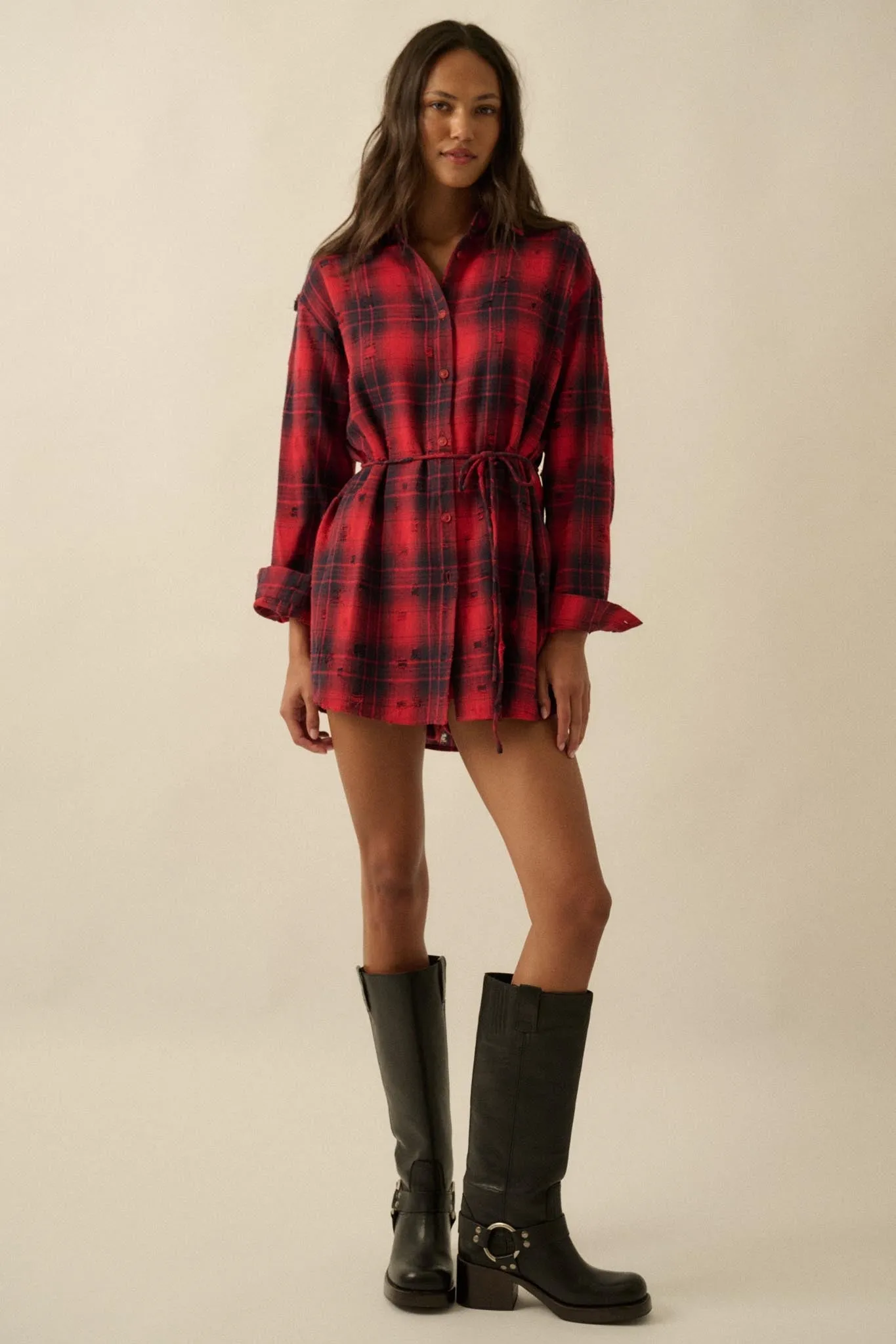 By the Fire Distressed Plaid Flannel Shirt Romper sold by Promesa product image thumbnail 4