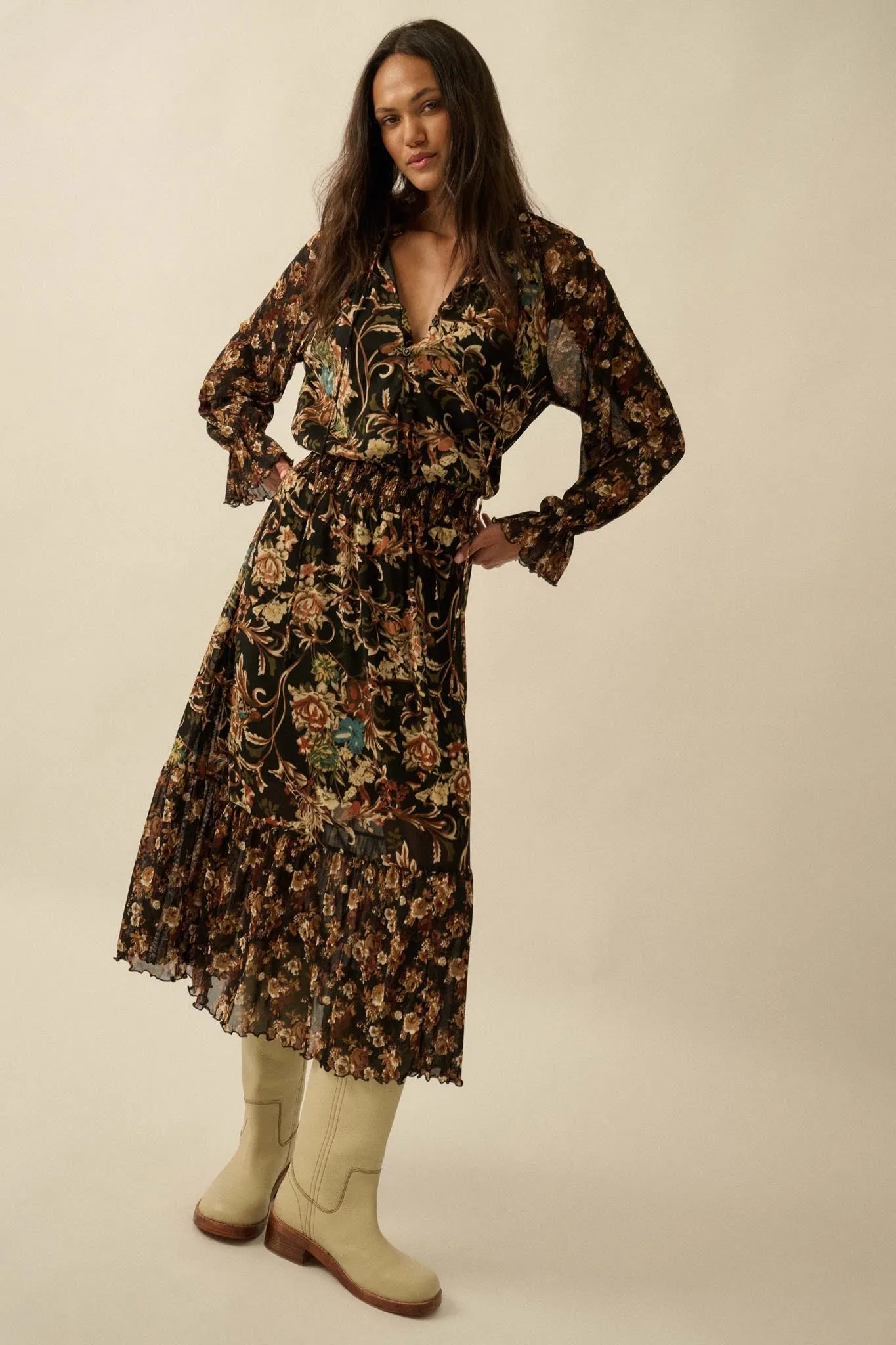 Dramatic Blooms Floral Mesh Buttoned Midi Dress sold by Promesa product image thumbnail 4