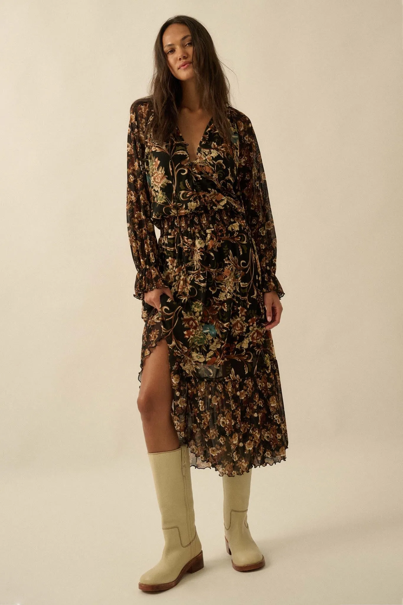 Dramatic Blooms Floral Mesh Buttoned Midi Dress sold by Promesa