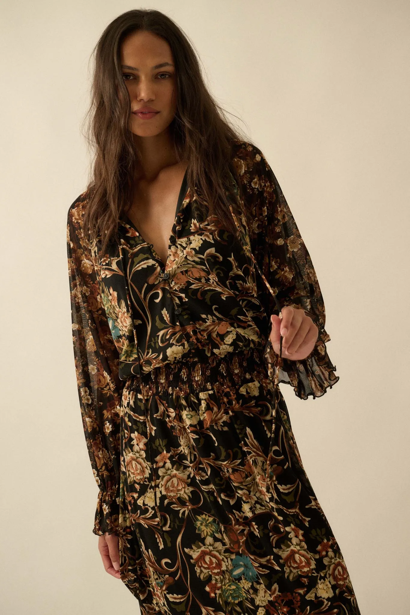 Dramatic Blooms Floral Mesh Buttoned Midi Dress sold by Promesa product image thumbnail 3