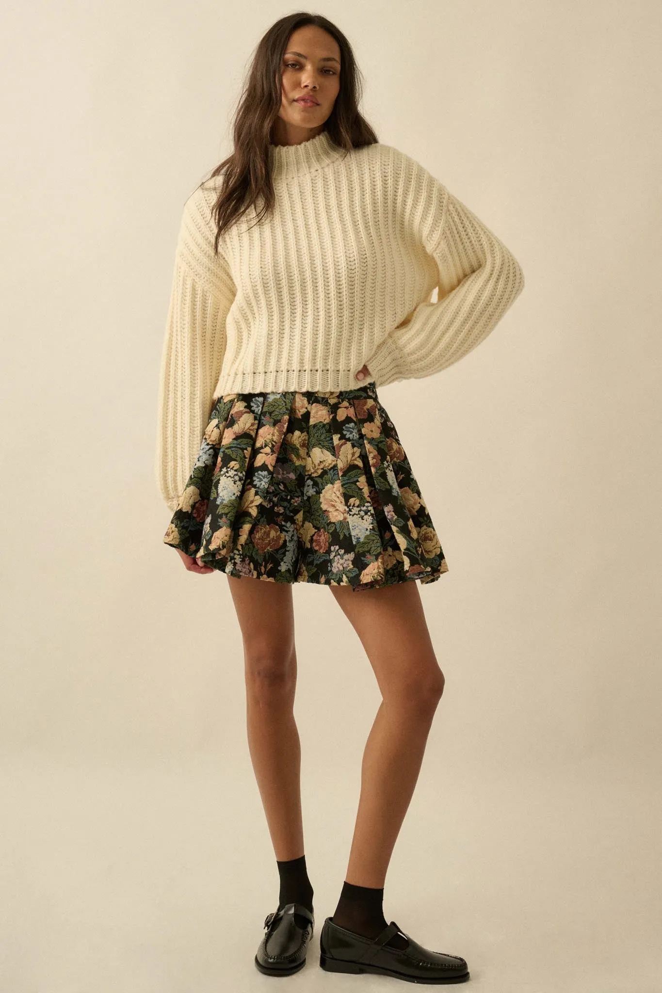 Blooming Threads Floral Tapestry Pleated Mini Skort sold by Promesa