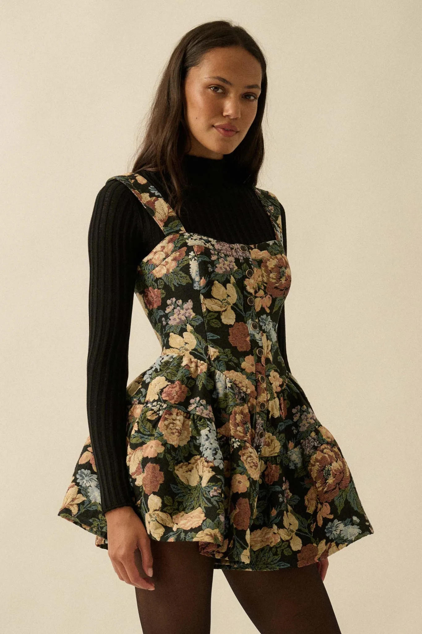 Stitched Garden Floral Tapestry Ruffle Romper Dress sold by Promesa