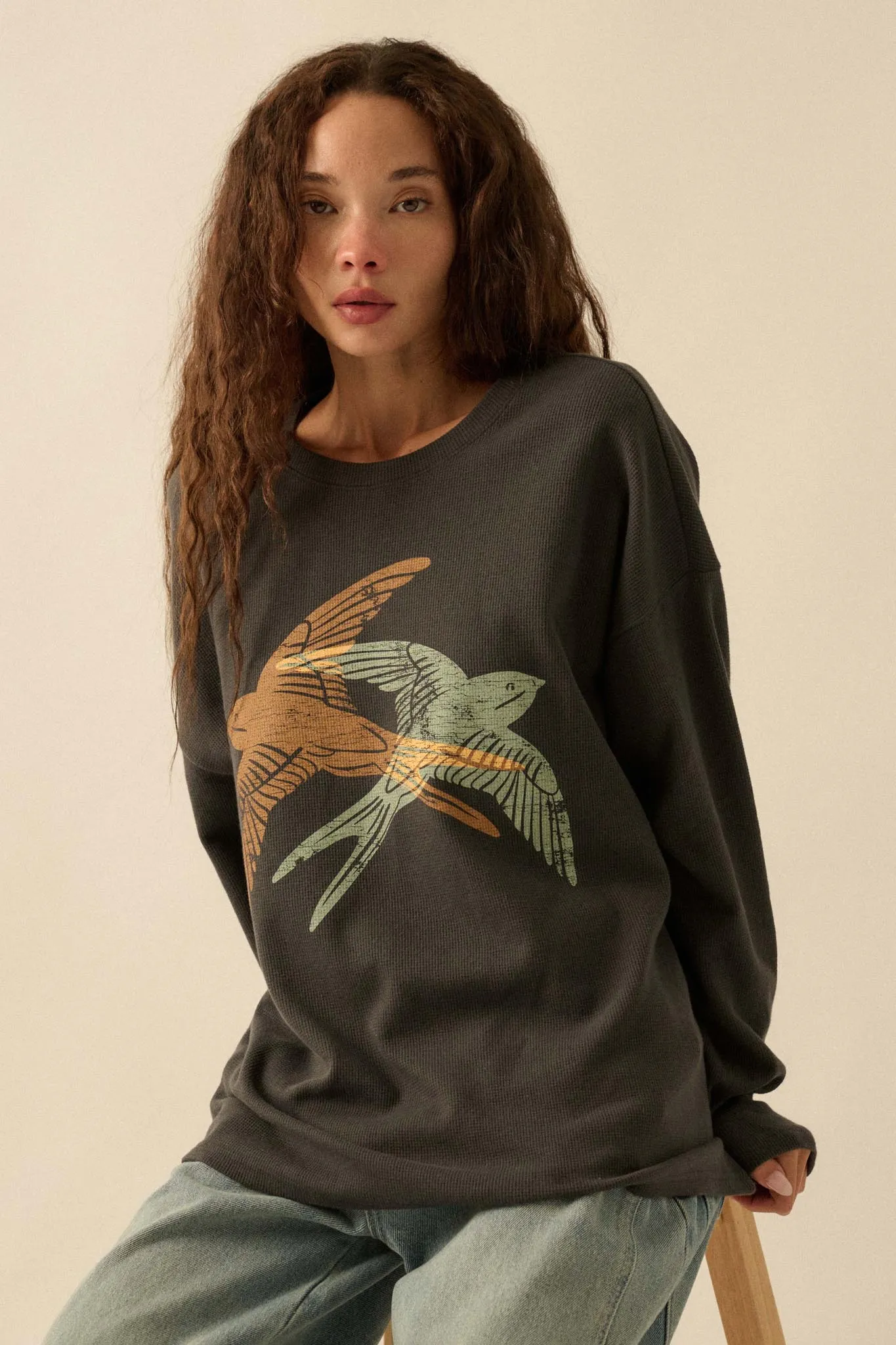Birds of a Feather Oversize Thermal Graphic Top sold by Promesa