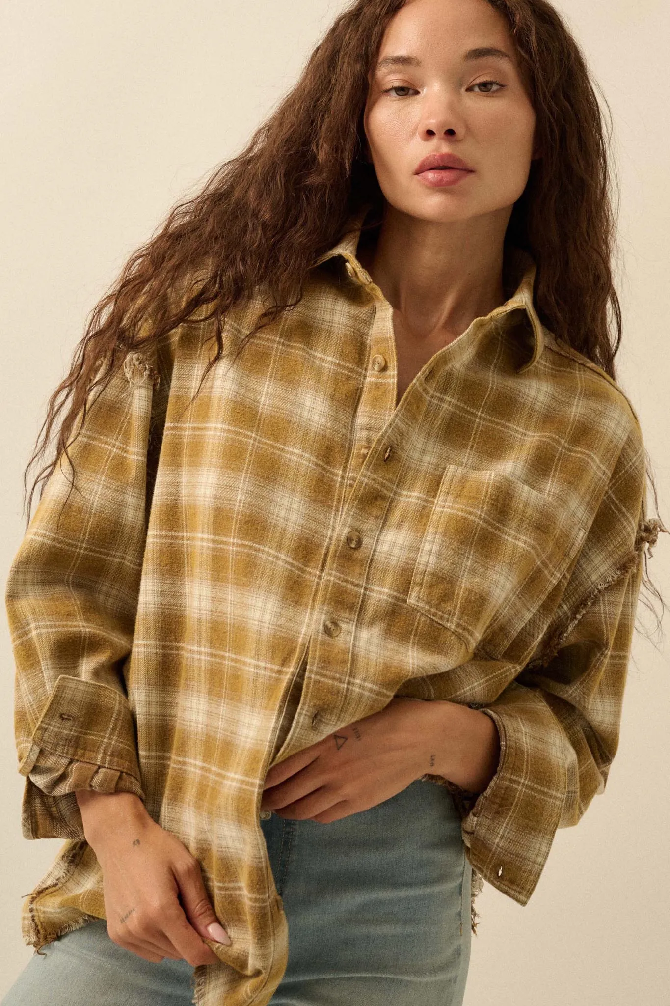Grunge Era Oversize Raw-Edge Plaid Flannel Shirt sold by Promesa product image thumbnail 4