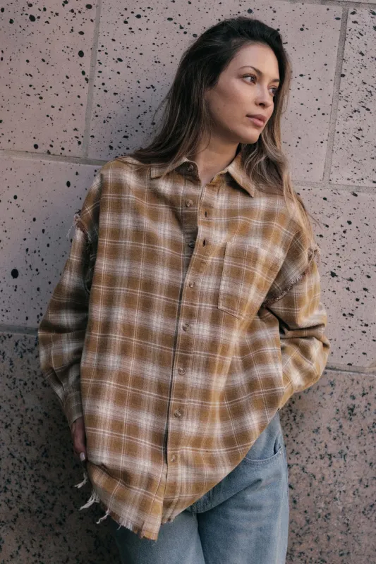 Grunge Era Oversize Raw-Edge Plaid Flannel Shirt sold by Promesa