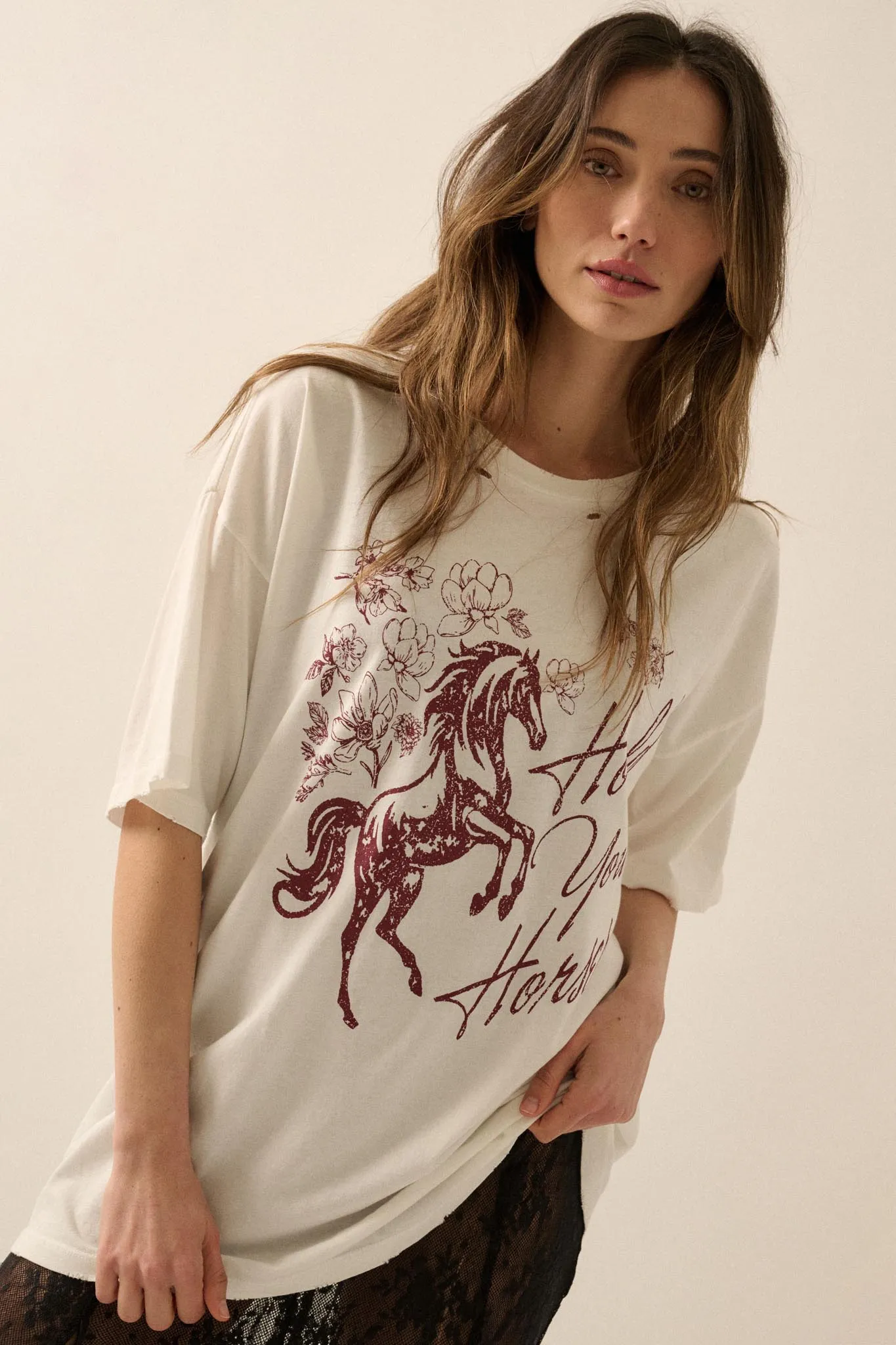Hold Your Horses Distressed Floral Graphic Tee sold by Promesa