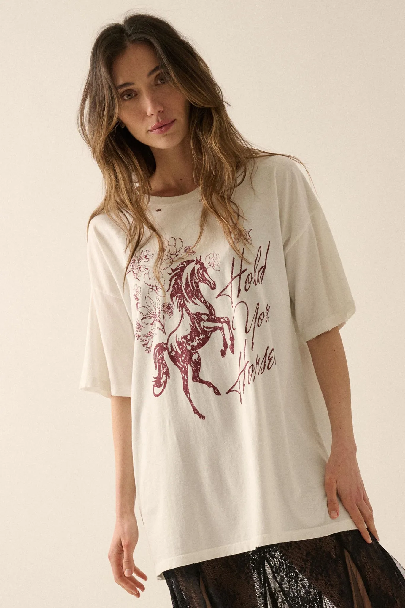 Hold Your Horses Distressed Floral Graphic Tee sold by Promesa product image thumbnail 3