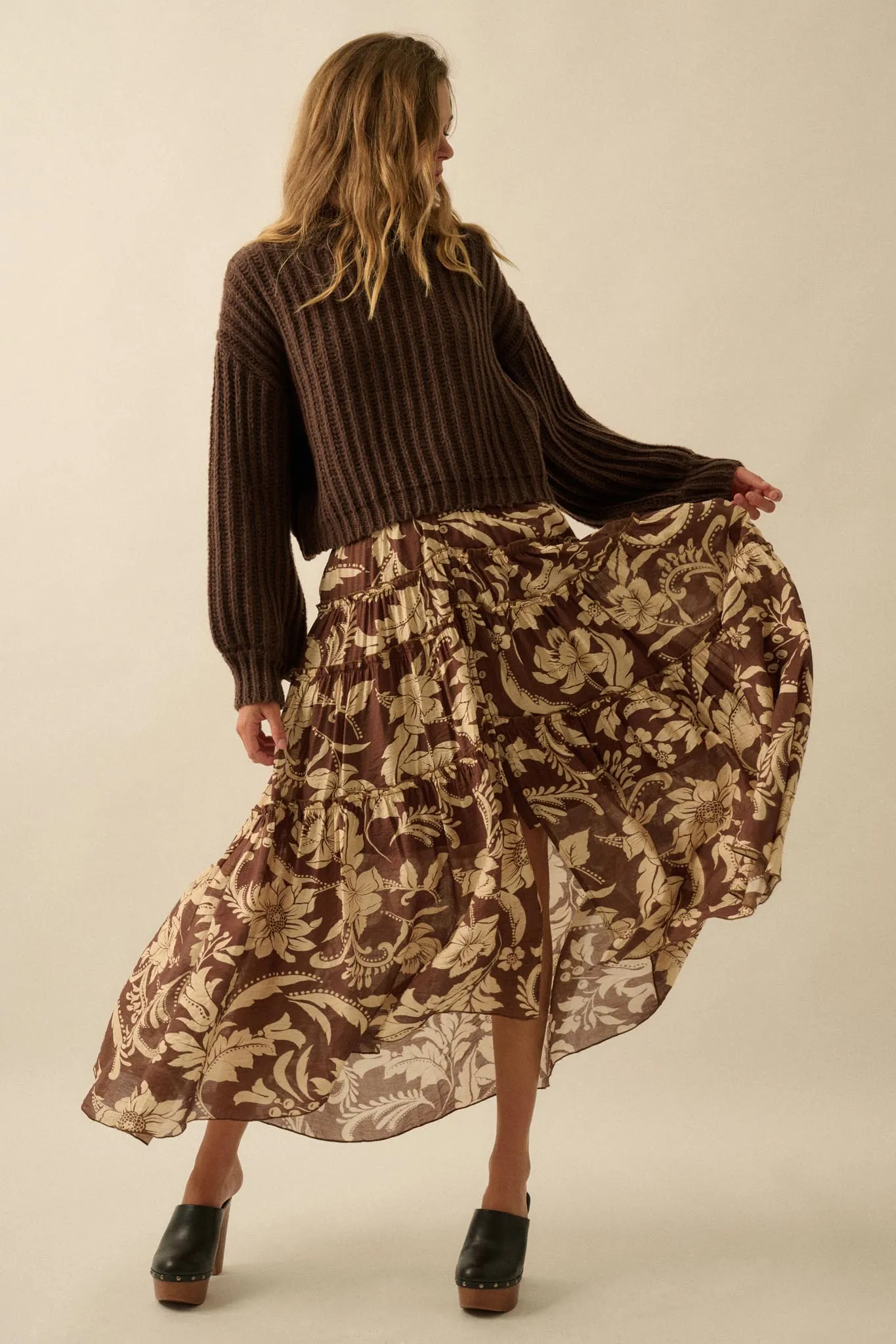 Bohemian Bouquet Floral Chiffon Tiered Maxi Skirt sold by Promesa