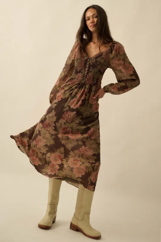 Peaceful Petals Smocked Floral Midi Peasant Dress sold by Promesa