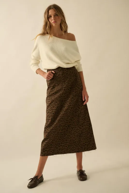 Concrete Jungle Leopard Twill Raw-Edge Midi Skirt sold by Promesa