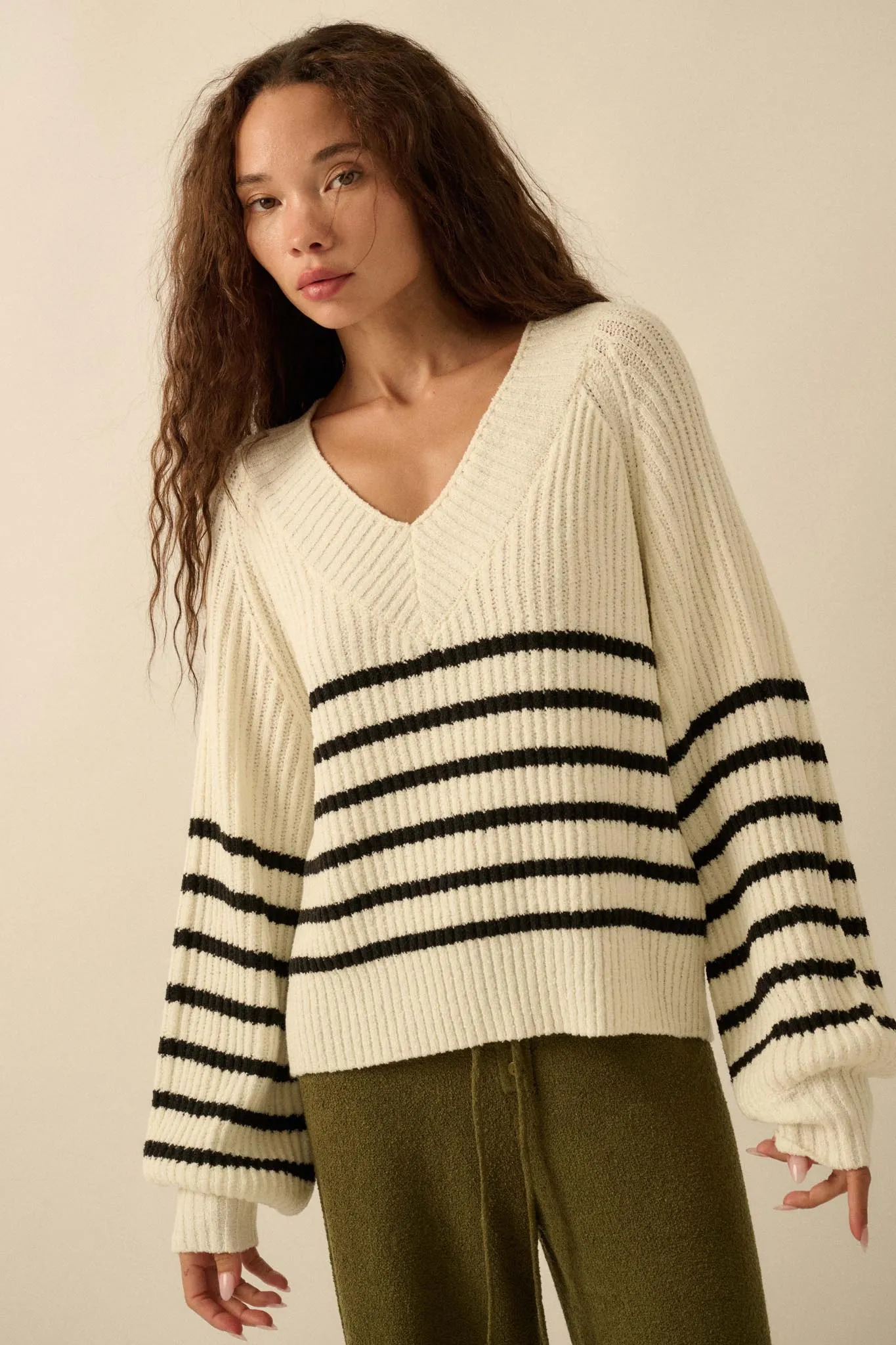 Promise the Label Striped Rib-Knit V-Neck Sweater sold by Promesa product image thumbnail 4