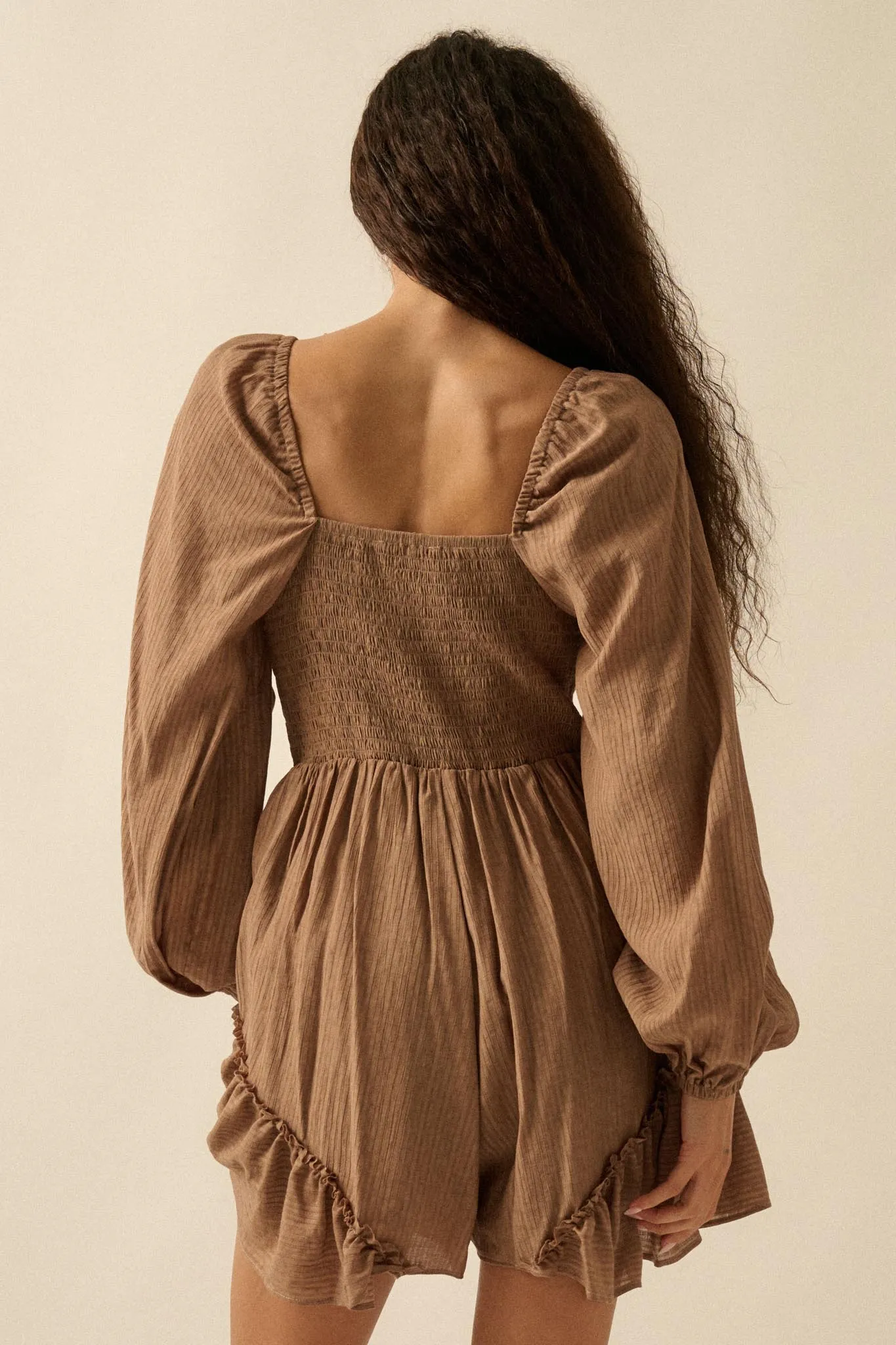 Lost in Love Tie-Front Ruffled Peasant Romper sold by Promesa product image thumbnail 2